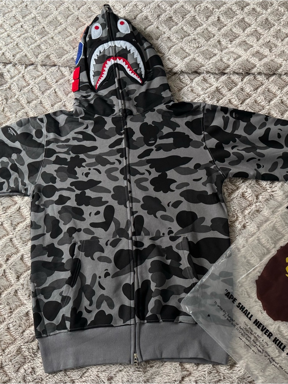 Bape Shark-Print Zip Hoodie - Gray Camo